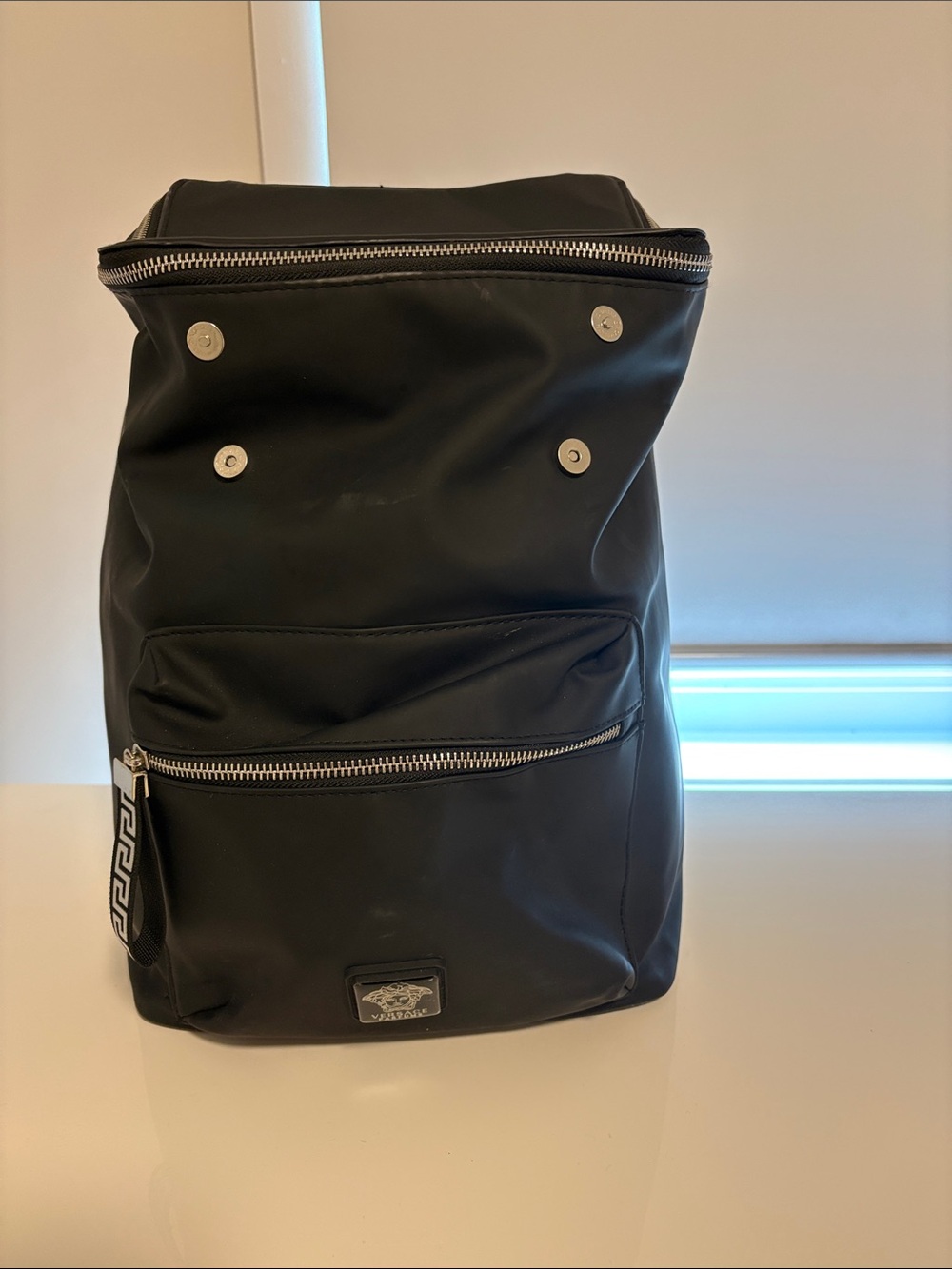 Versace Black Men's Backpack with Silver Hardware and Medusa Plate